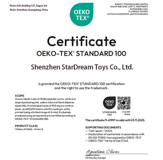 OEKO-TEX certificate — Certificación de Seguridad Textil | StarDream Toys plush toy factory