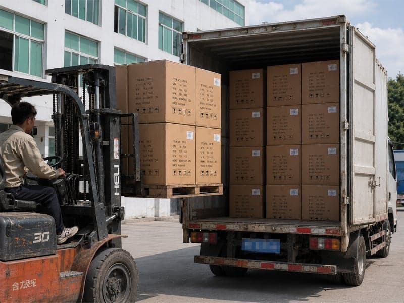 Trabajador cargando cartones de exportación de peluches con carretilla manual en la furgoneta de entrega del cliente fuera de nuestra fábrica de Shenzhen