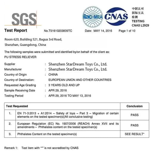 SGS certificate — Estándares de Seguridad de Juguetes | StarDream Toys plush toy factory